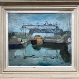 HST painting "The Canal with barges" Post impressionist signed Dumas + frame
