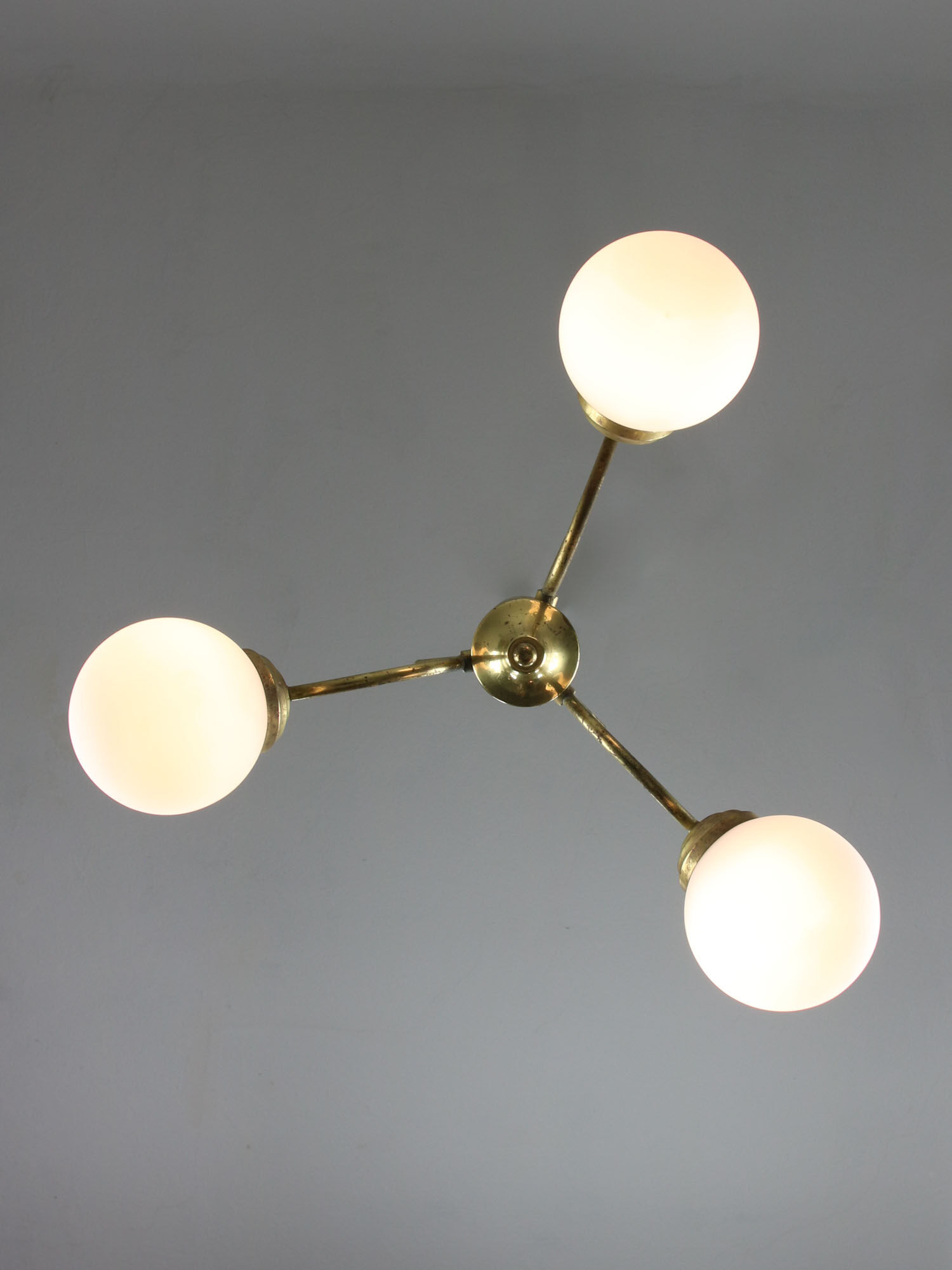 Italian Mid-century Brass and Opaline Glass Chandelier
