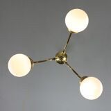Italian Mid-century Brass and Opaline Glass Chandelier