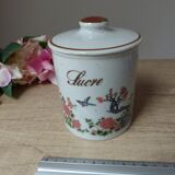 Ancienne boite à sucre en grès moucheté décor oiseau et arbre en fleurs