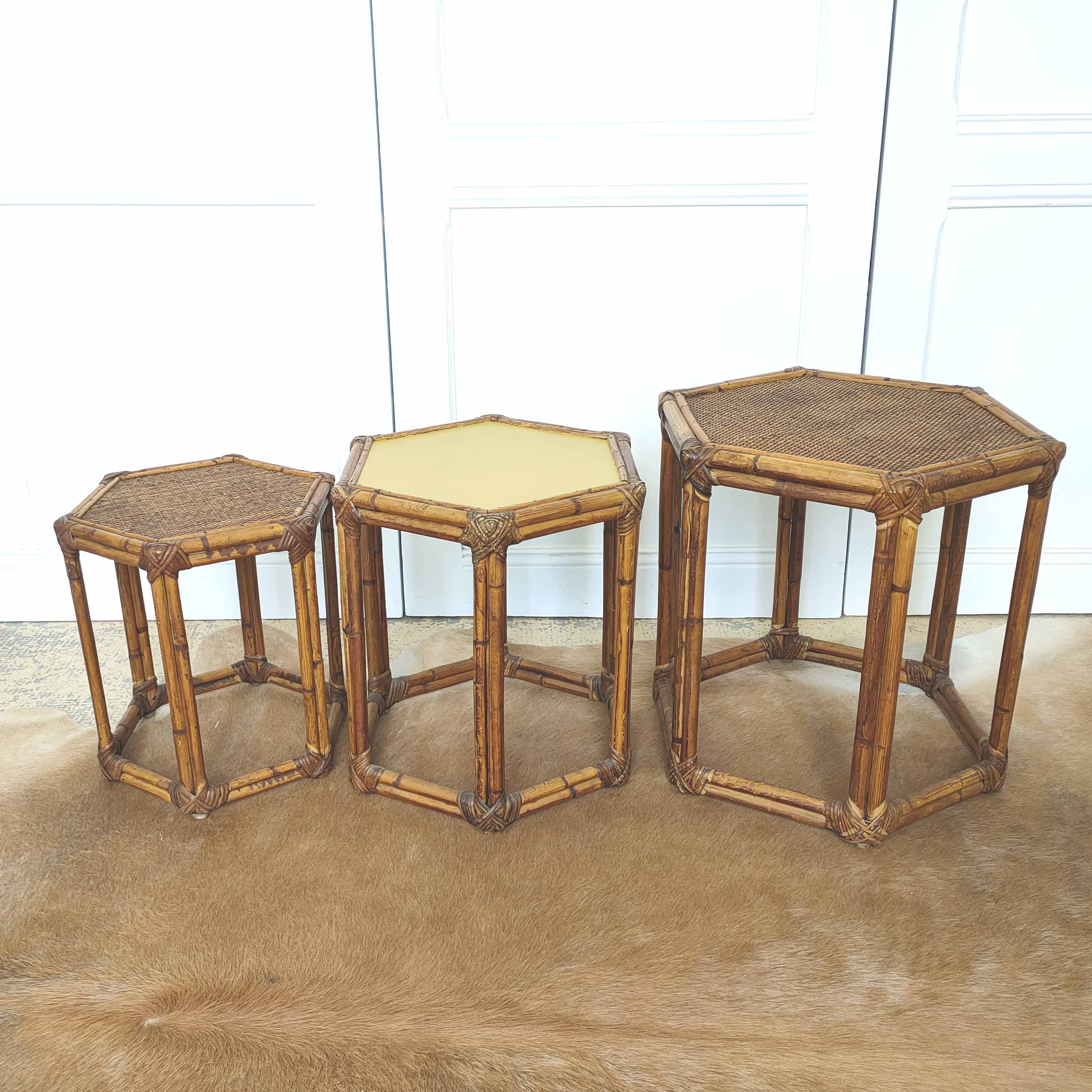 3 vintage rattan coffee tables hexagonal shape