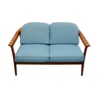 1960s 2-seater sofa in cherrywood middle blue, Wilhelm Knoll