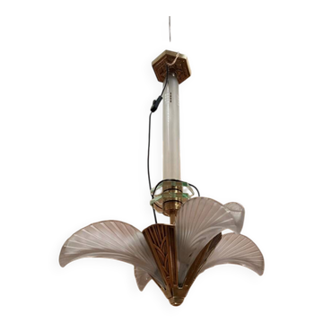 Bronze and moulded glass chandelier 1930s Art Deco