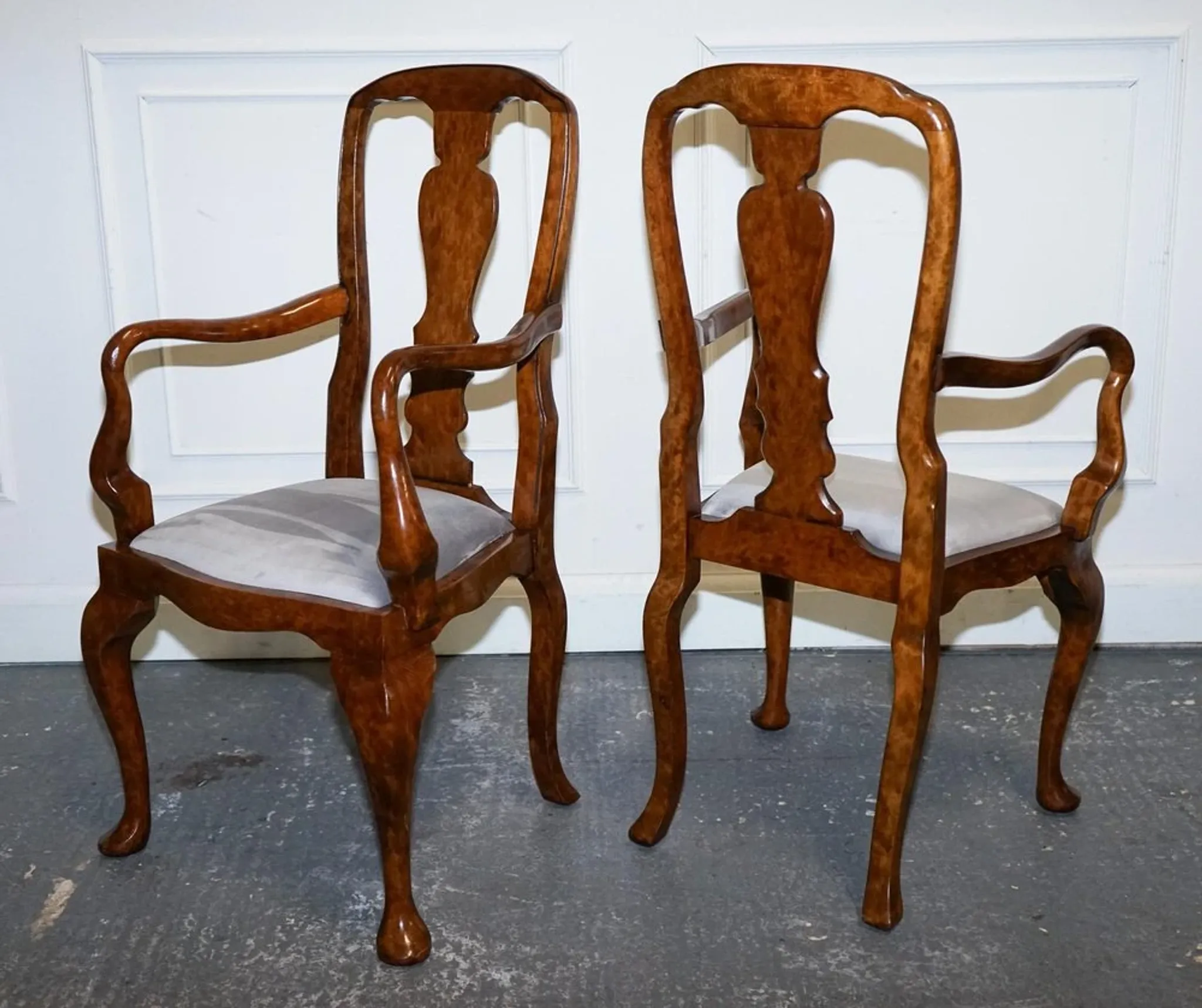 Art Deco Queen Anne Style Armchairs in Walnut Burl, 1920s, Set of 2