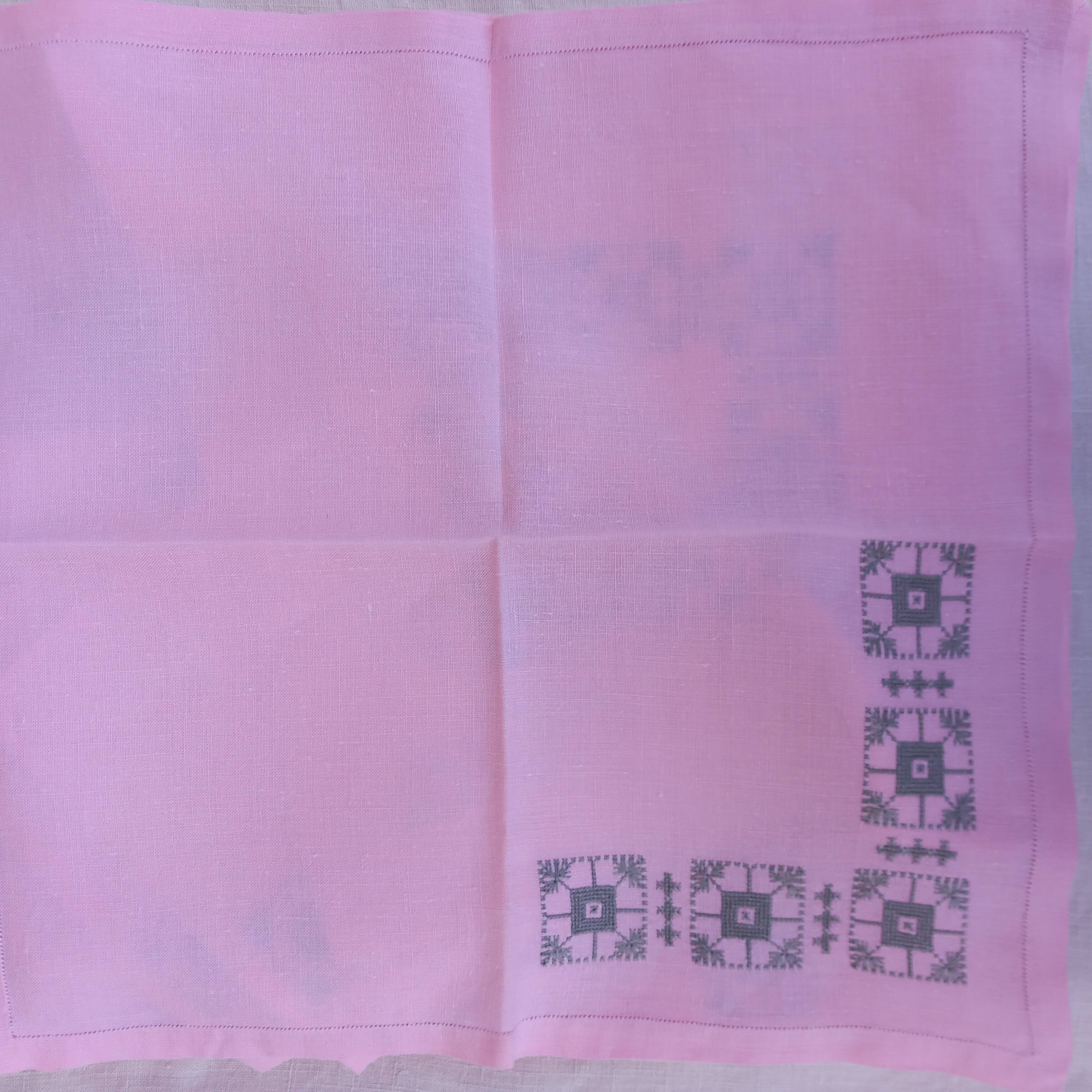 Large vintage linen tablecloth embroidered in pink and 12 matching napkins.