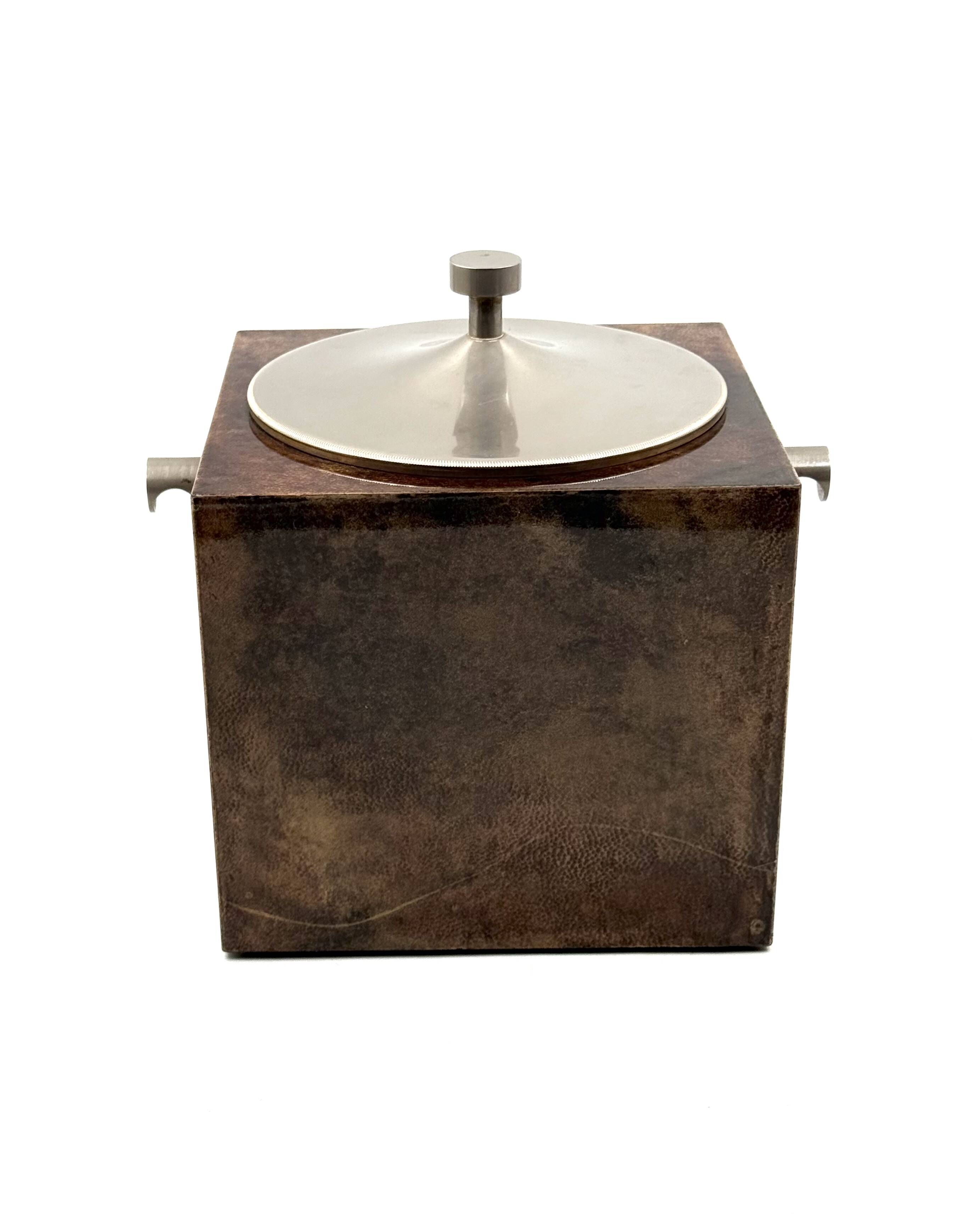 Mid-century brown parchment ice bucket, Aldo Tura Italy 1950s