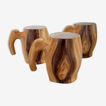 3 mugs en céramique aspect bois années 50 Vallauris