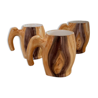 3 mugs en céramique aspect bois années 50 Vallauris