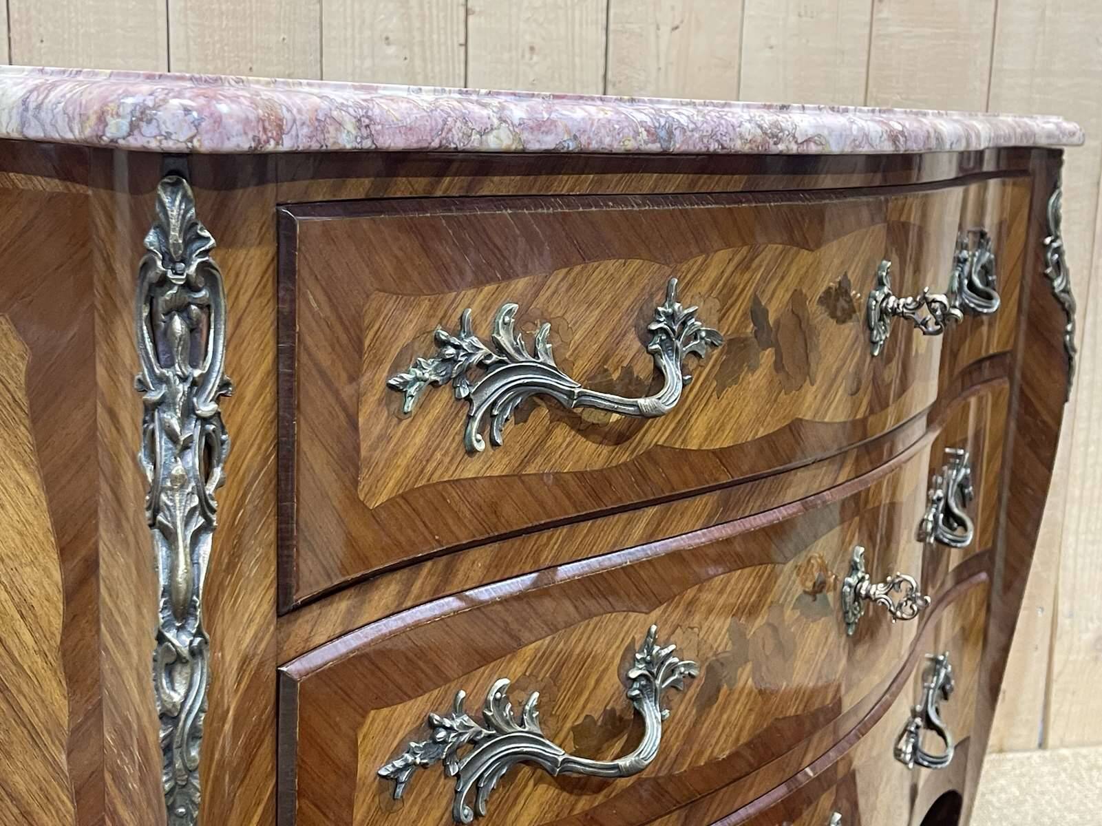 Louis XV style chest of drawers in rosewood, oak and marble top, made in the 70s