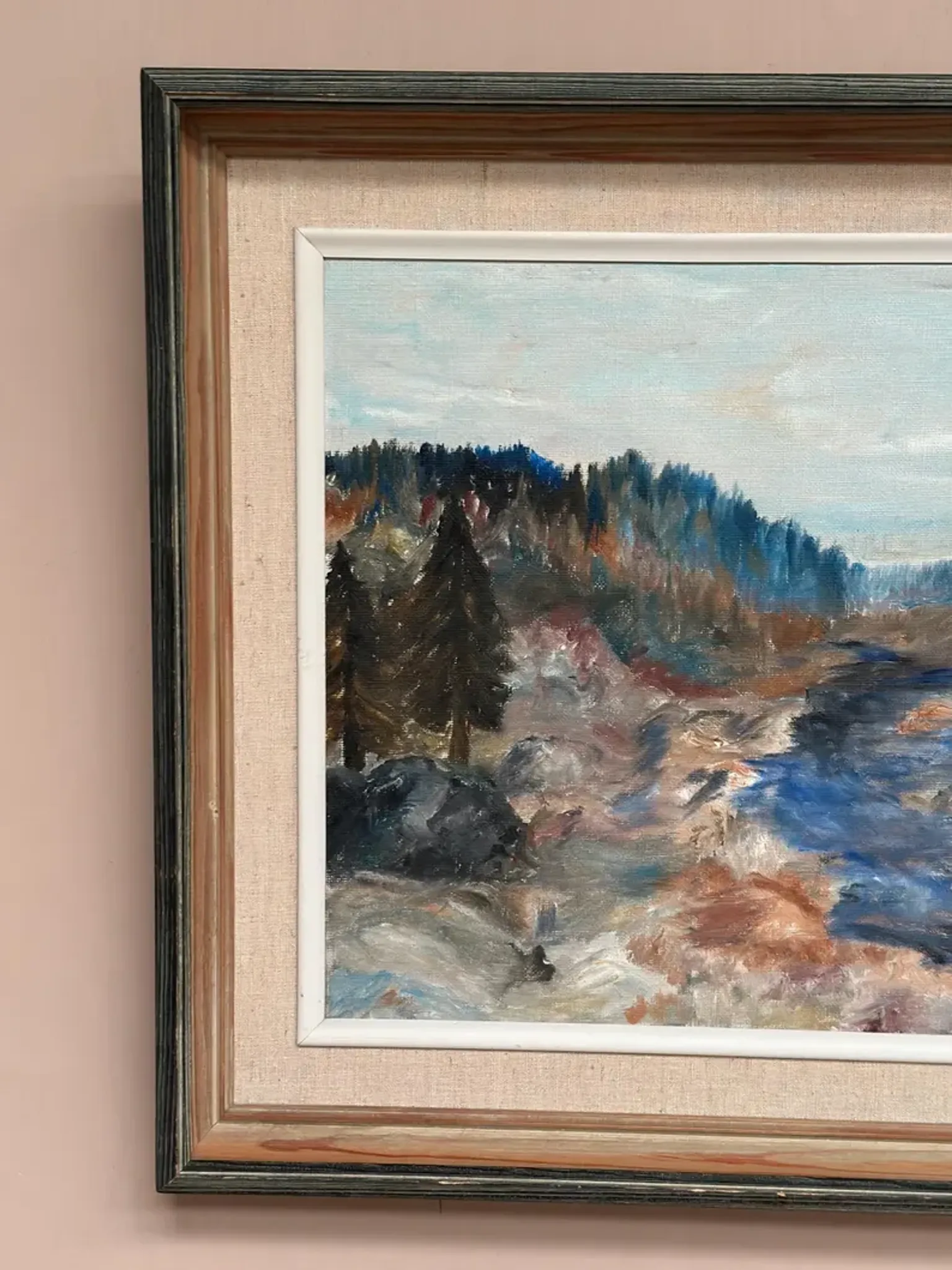 Original Swedish Oil on Canvas – “Landscape with River and Forest” by Kaj – Signed – Vintage & Framed – 60 × 52 cm (23.6" × 20.5")