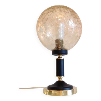 Lampe globe en verre ambré, socle noir et laiton par Solken Leuchten, années 60-70