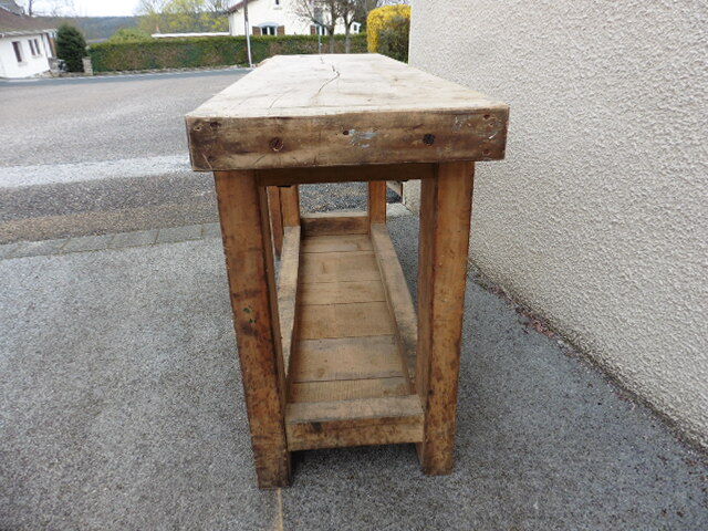 old solid wood workbench with drawer and seal