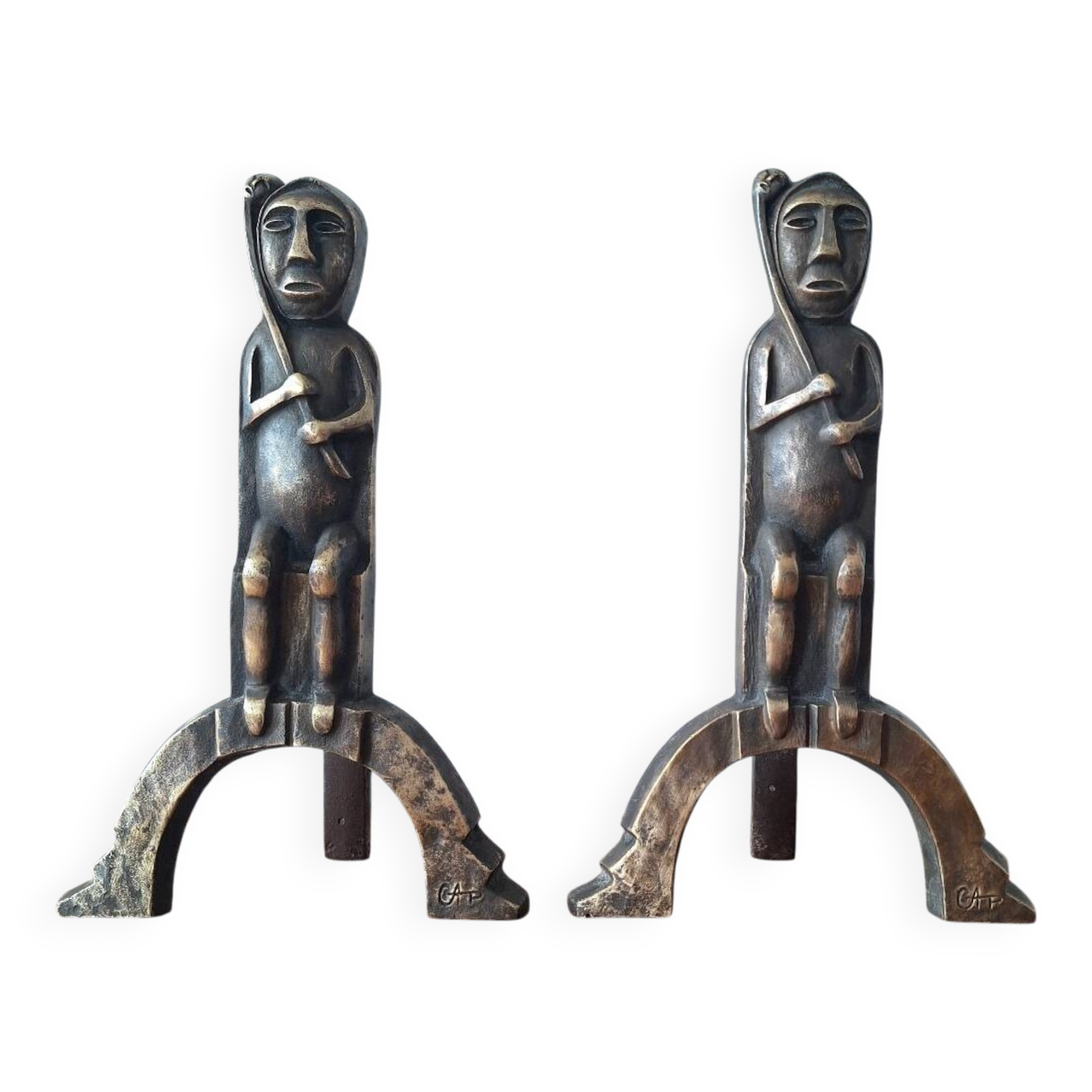 Anton Prinner pair of bronze andirons, Shaman model, statuettes vi