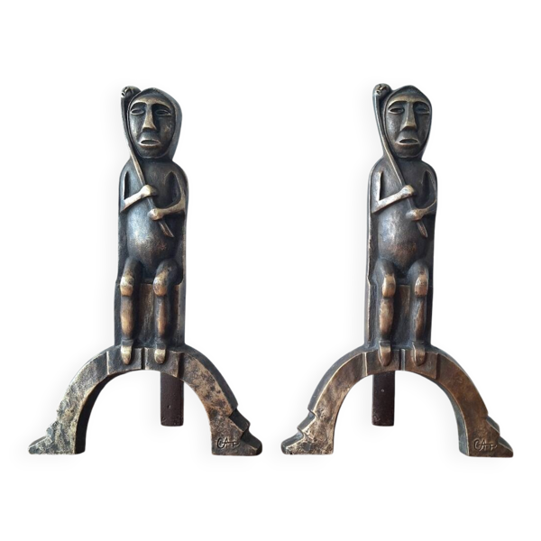 Anton Prinner paire de chenets en bronze, modèle Chaman, statuettes vi