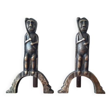 Anton Prinner pair of bronze andirons, Shaman model, statuettes vi