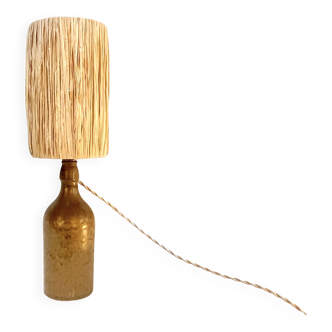 Vintage lamp in beige brown pyrite stoneware with raffia rope shade 1970