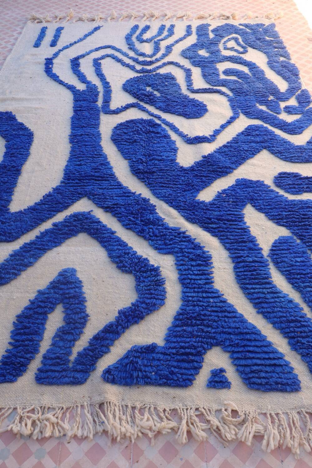 Klein blue and white Berber rug with abstract relief