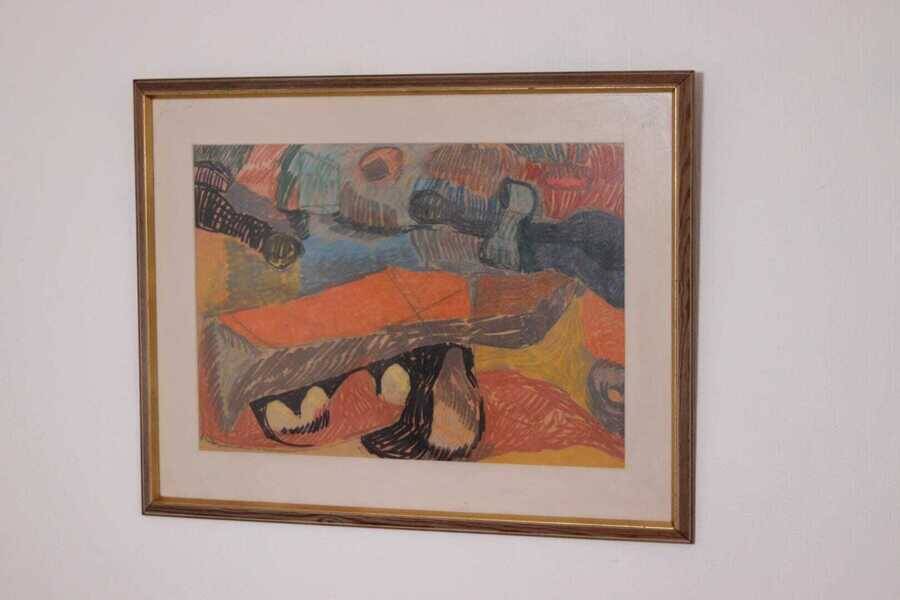 Original Swedish glazed pastel/oil on panel – abstract – glazed, vintage & framed – 86 × 66 cm (33.9" × 26.0")