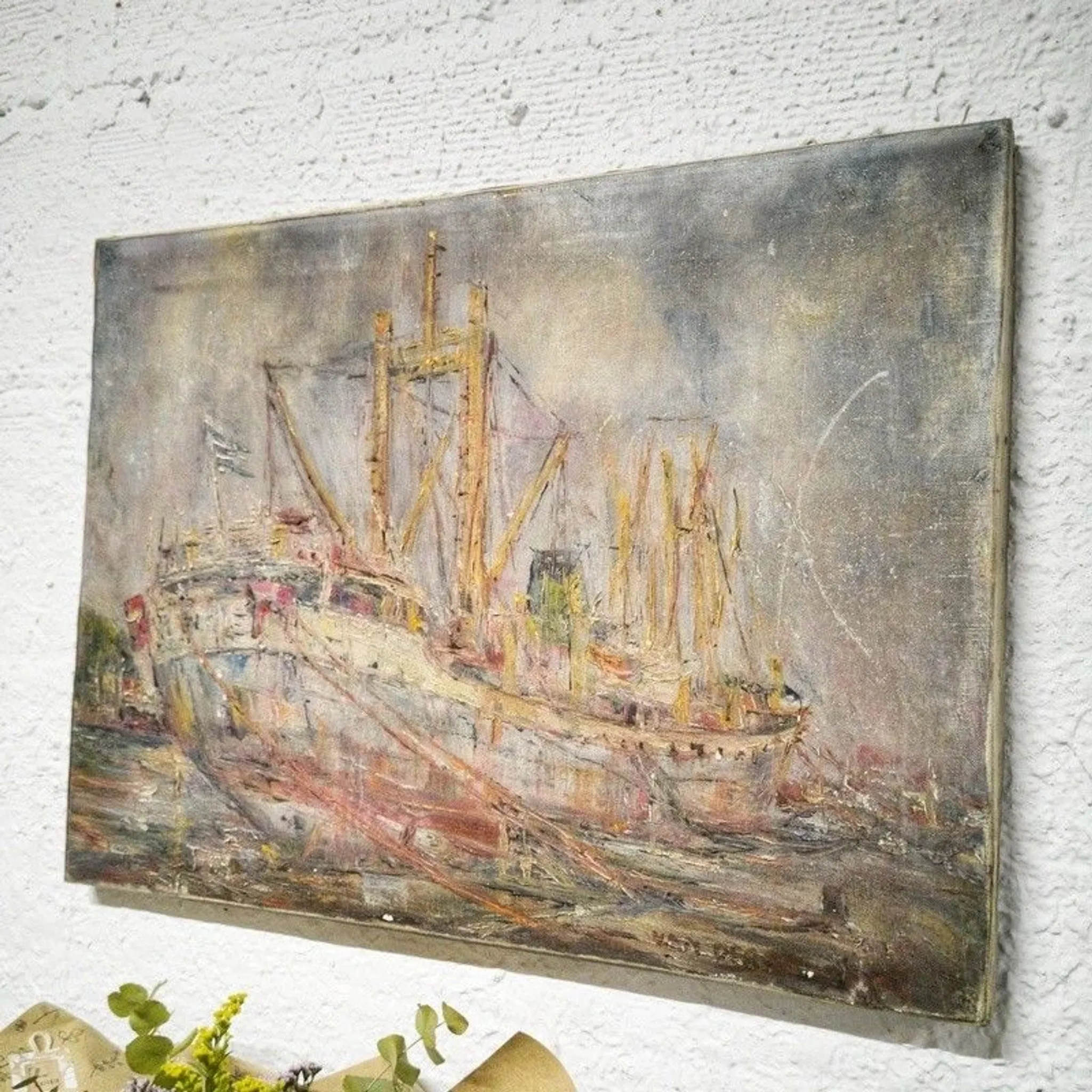 Vintage oil painting of marine cargo at the quay.