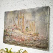 Vintage oil painting of marine cargo at the quay.