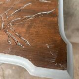 Antique pedestal table with engraved wooden top (birds) and sky blue base