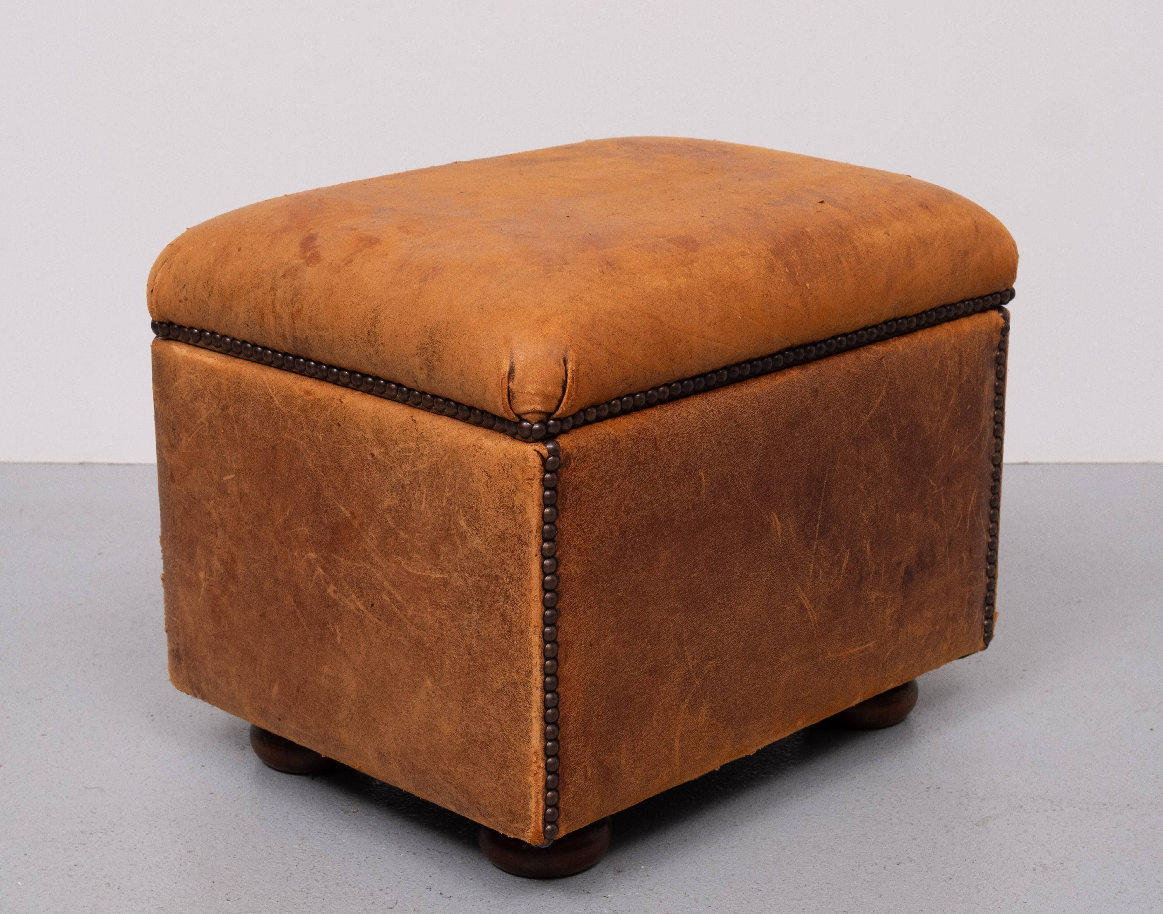 Sheepskin Leather pouf or Ottoman with storage 1970s