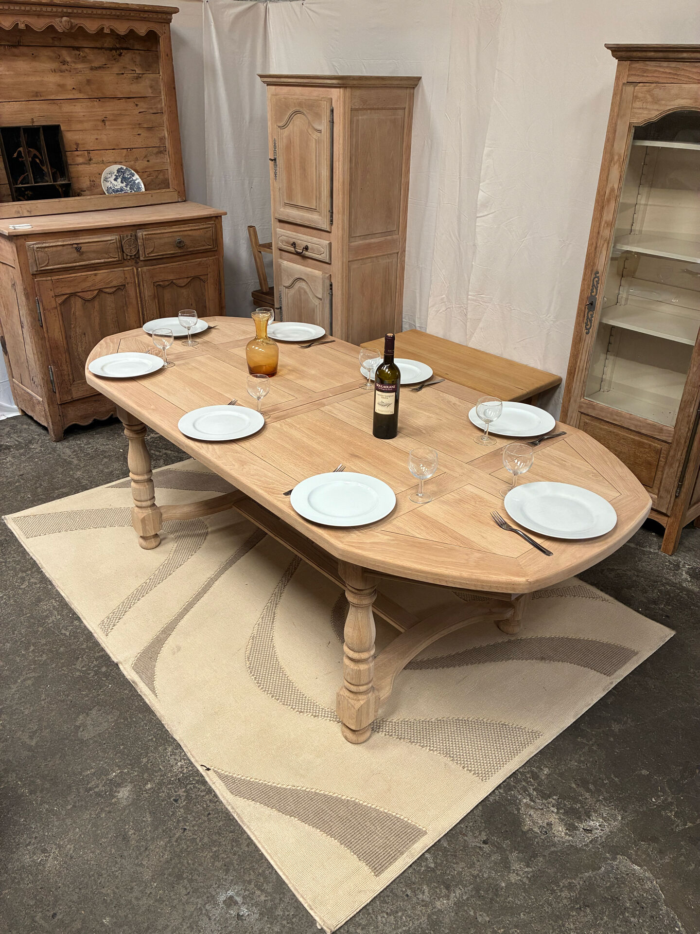 Solid oak farmhouse table with extensions.