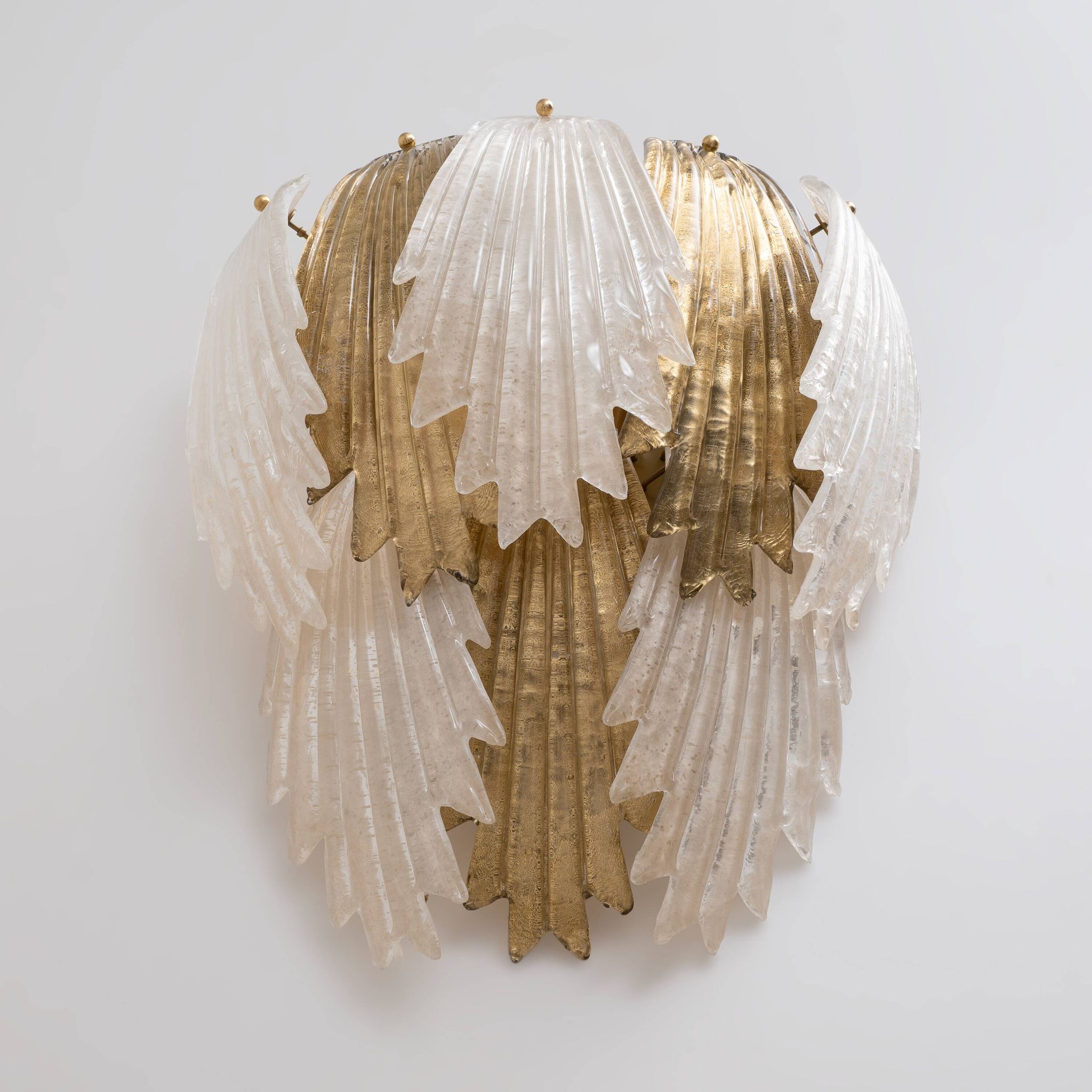Italian Art Deco Style Murano Glass and Brass Leaf Wall Sconces, Pair