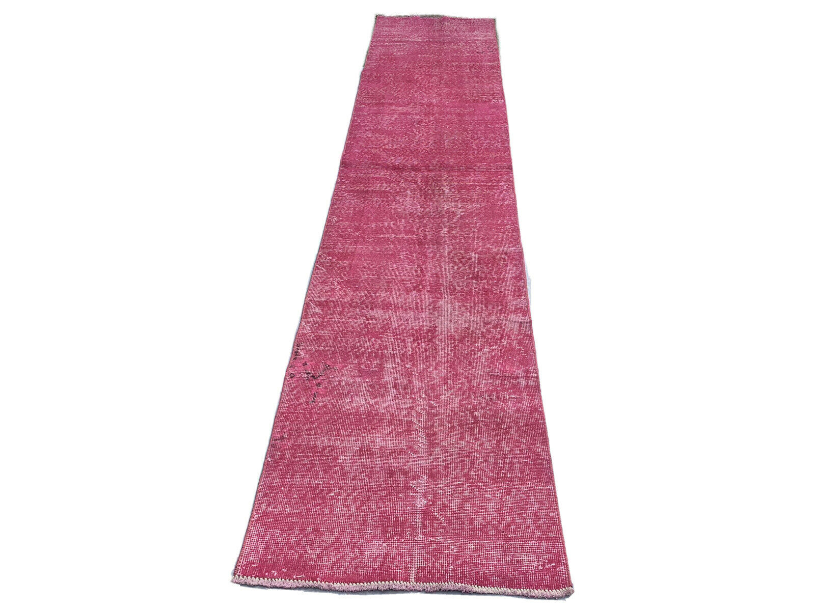Distressed Turkish Narrow Runner 336 X 71 cm Wool Vintage rug, Over-dyed Pink