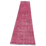 Distressed Turkish Narrow Runner 336 X 71 cm Wool Vintage rug, Over-dyed Pink