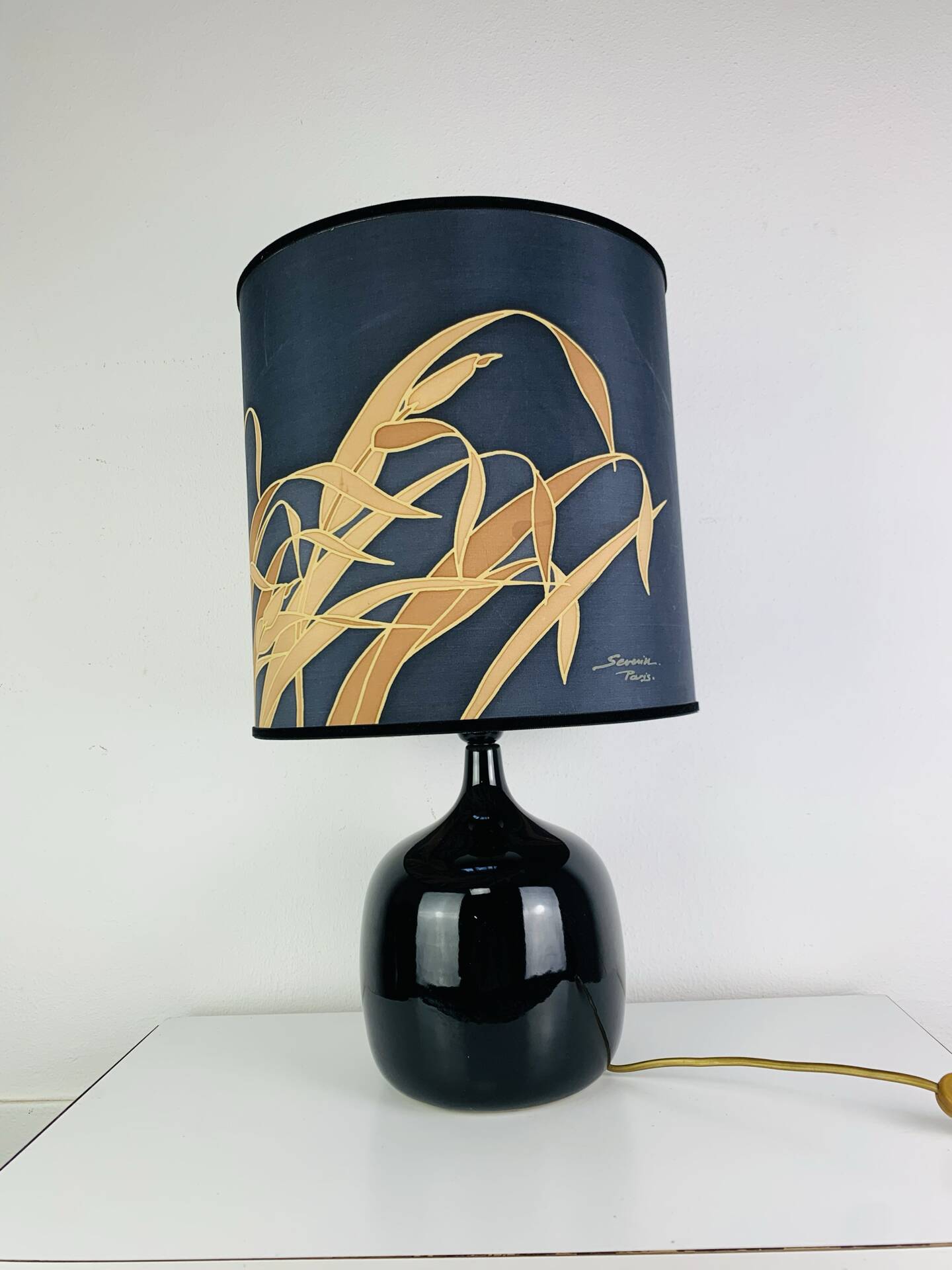 "Fig" lamp, black ceramic and silk shade, 1960s.