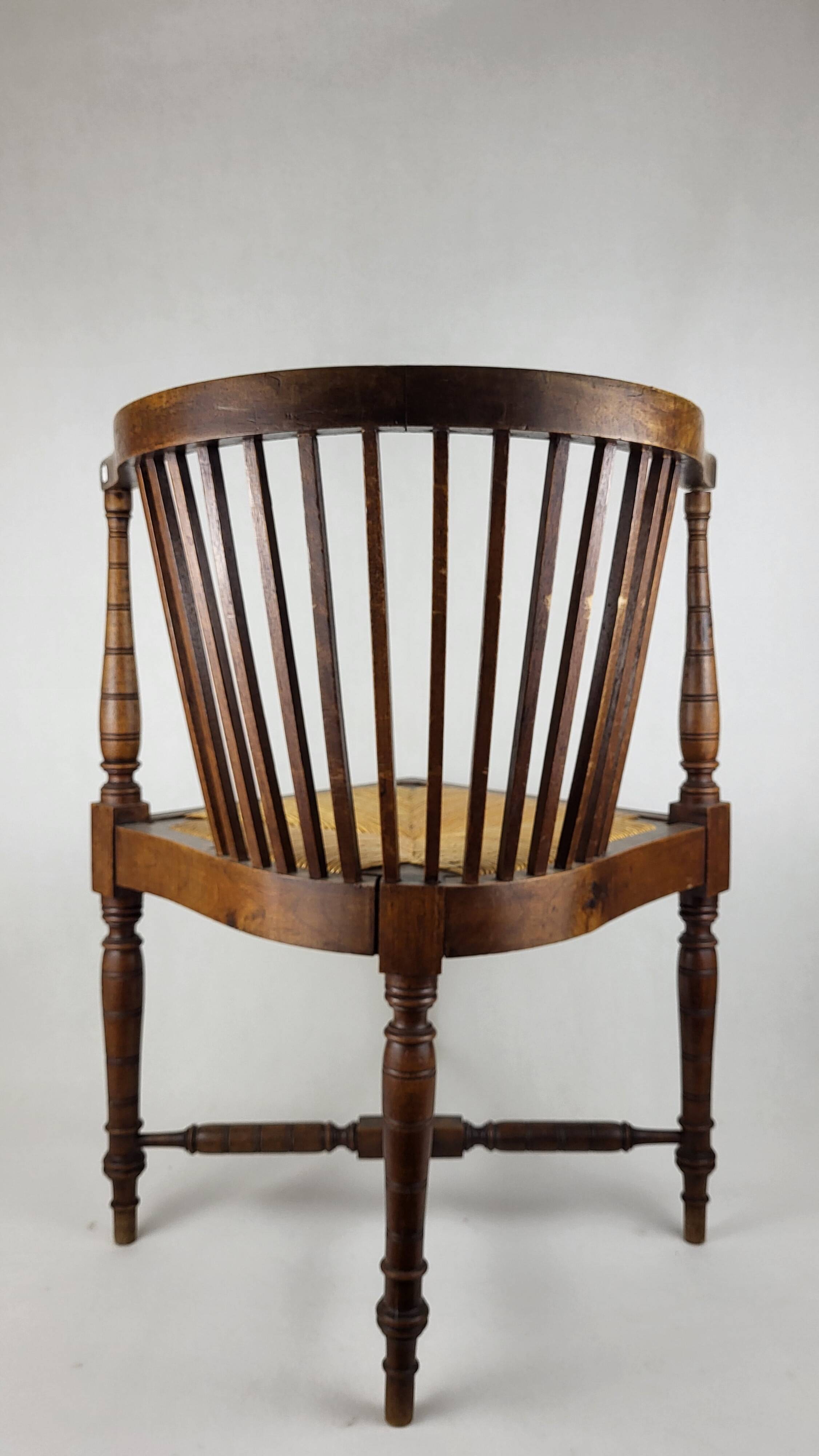 19th century English wood & straw corner armchair chair