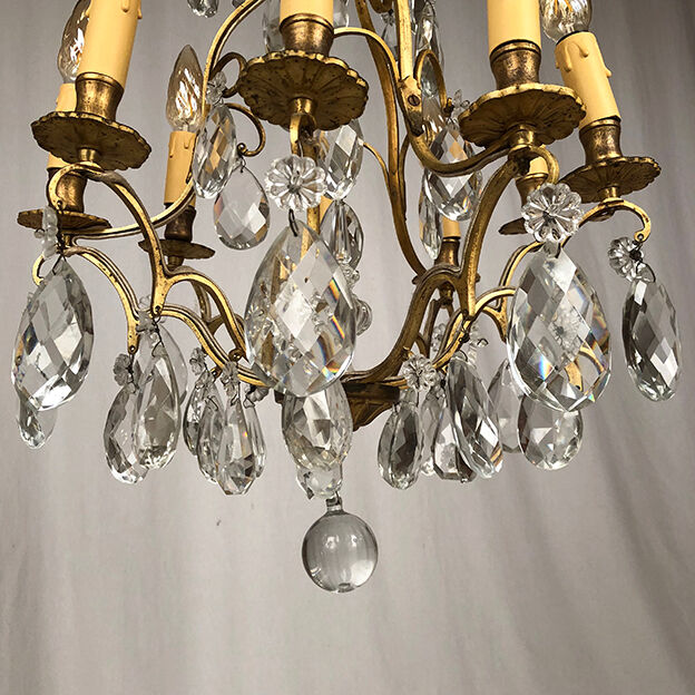 Gilded brass cage chandelier and glass tassels