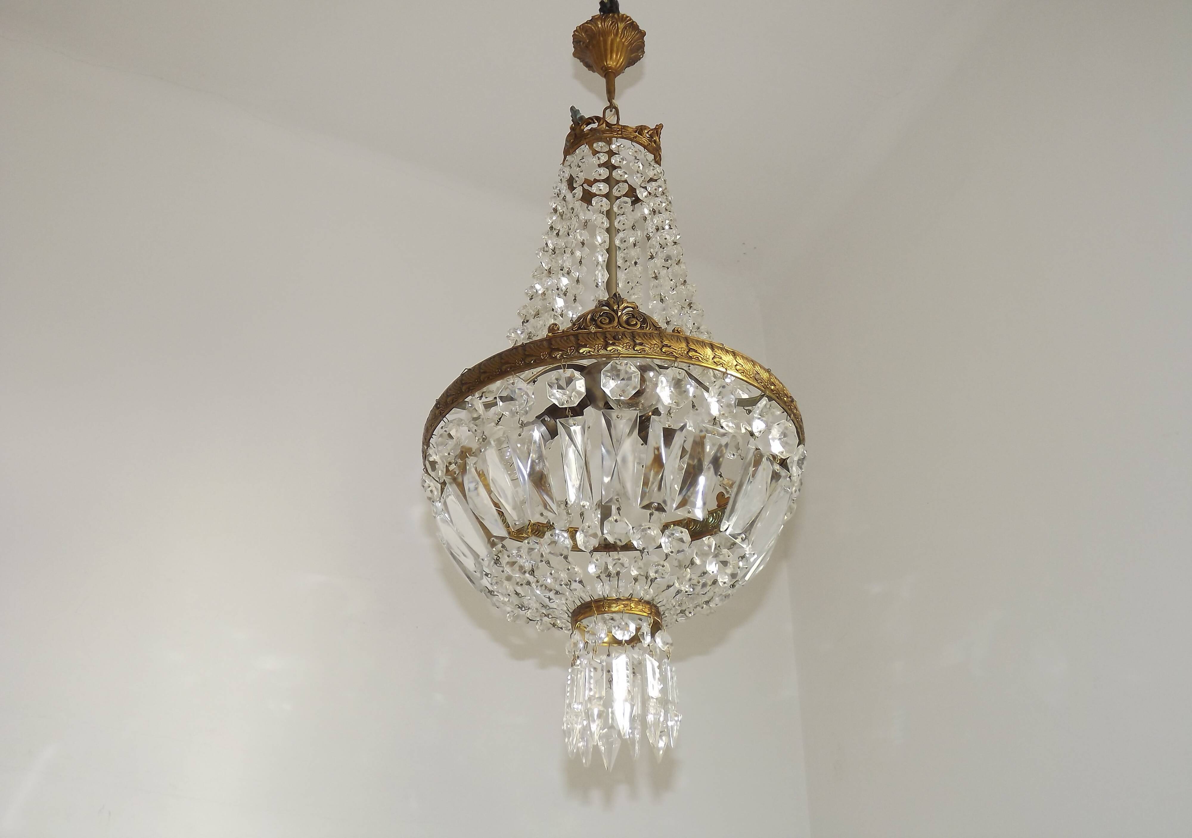 French Empire Style 3 Light Bronze Montgolfier Crystal Basket Chandelier