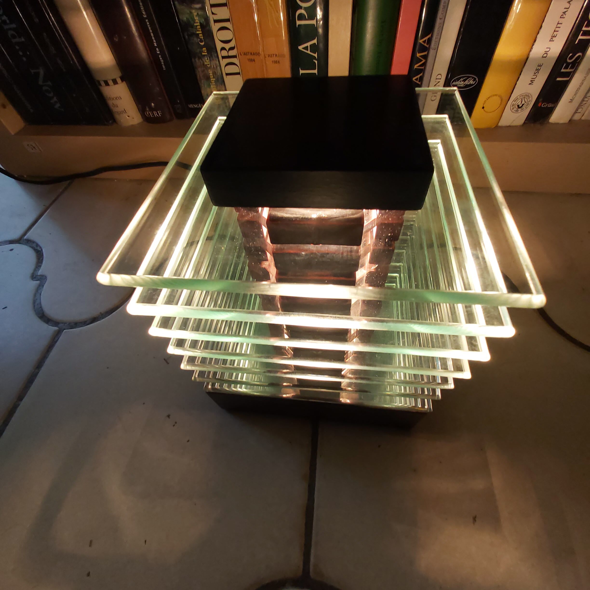 Demeter wood and glass lamp Maison Desny 1980