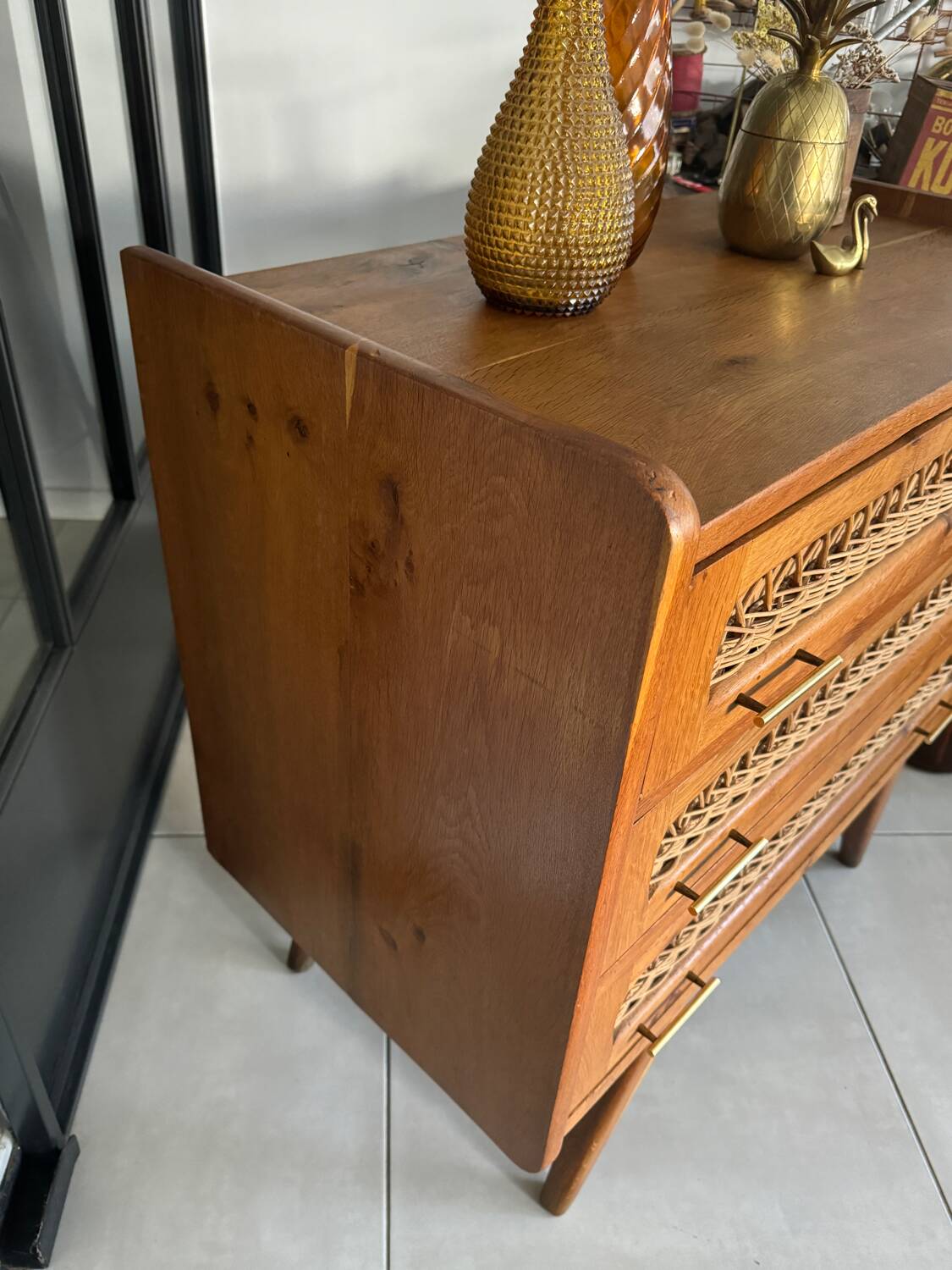 Old vintage wooden and rattan chest of drawers