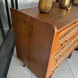 Old vintage wooden and rattan chest of drawers