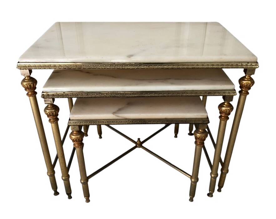 3 brass and marble nesting tables 1950