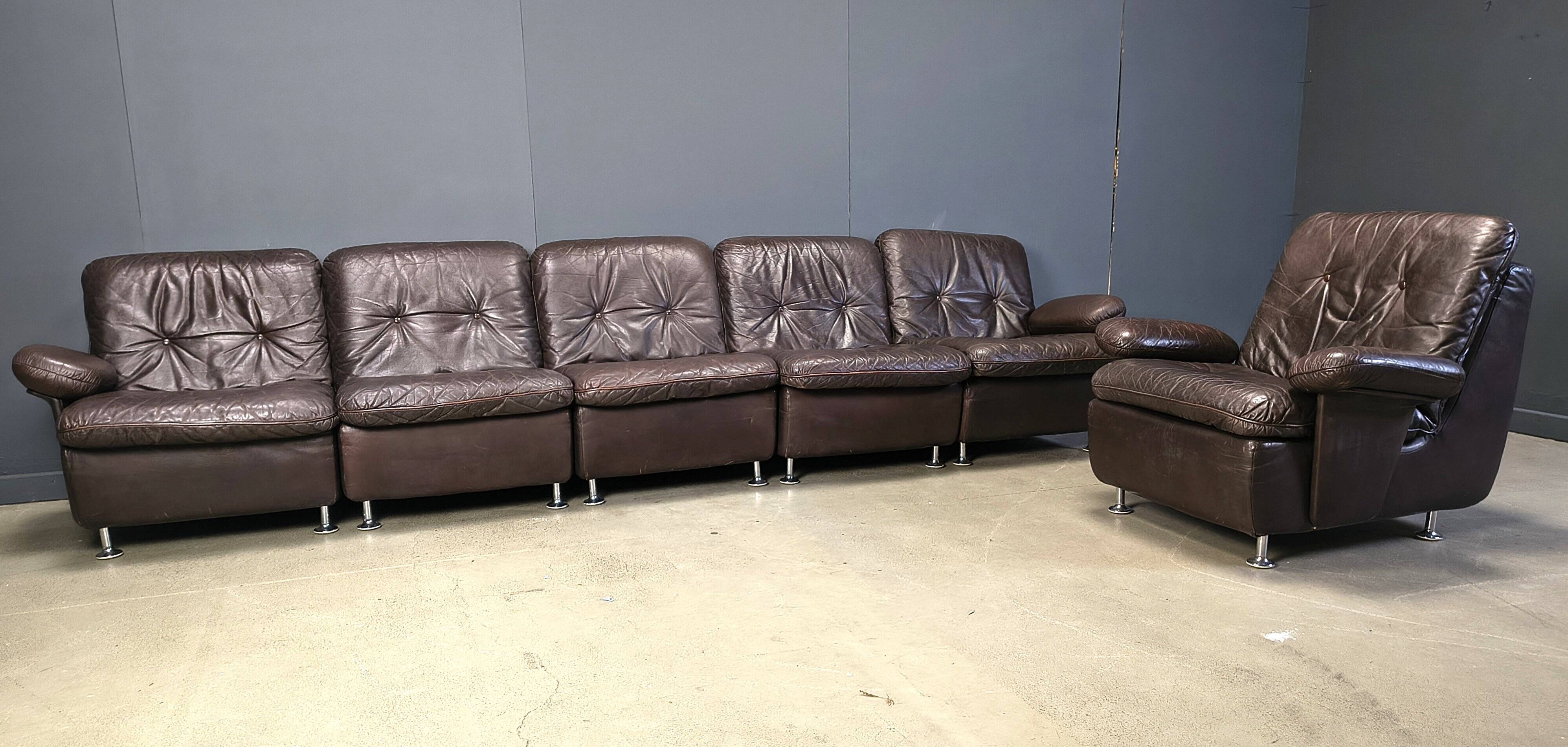 Modular vintage brown leather sofa, 1970s.