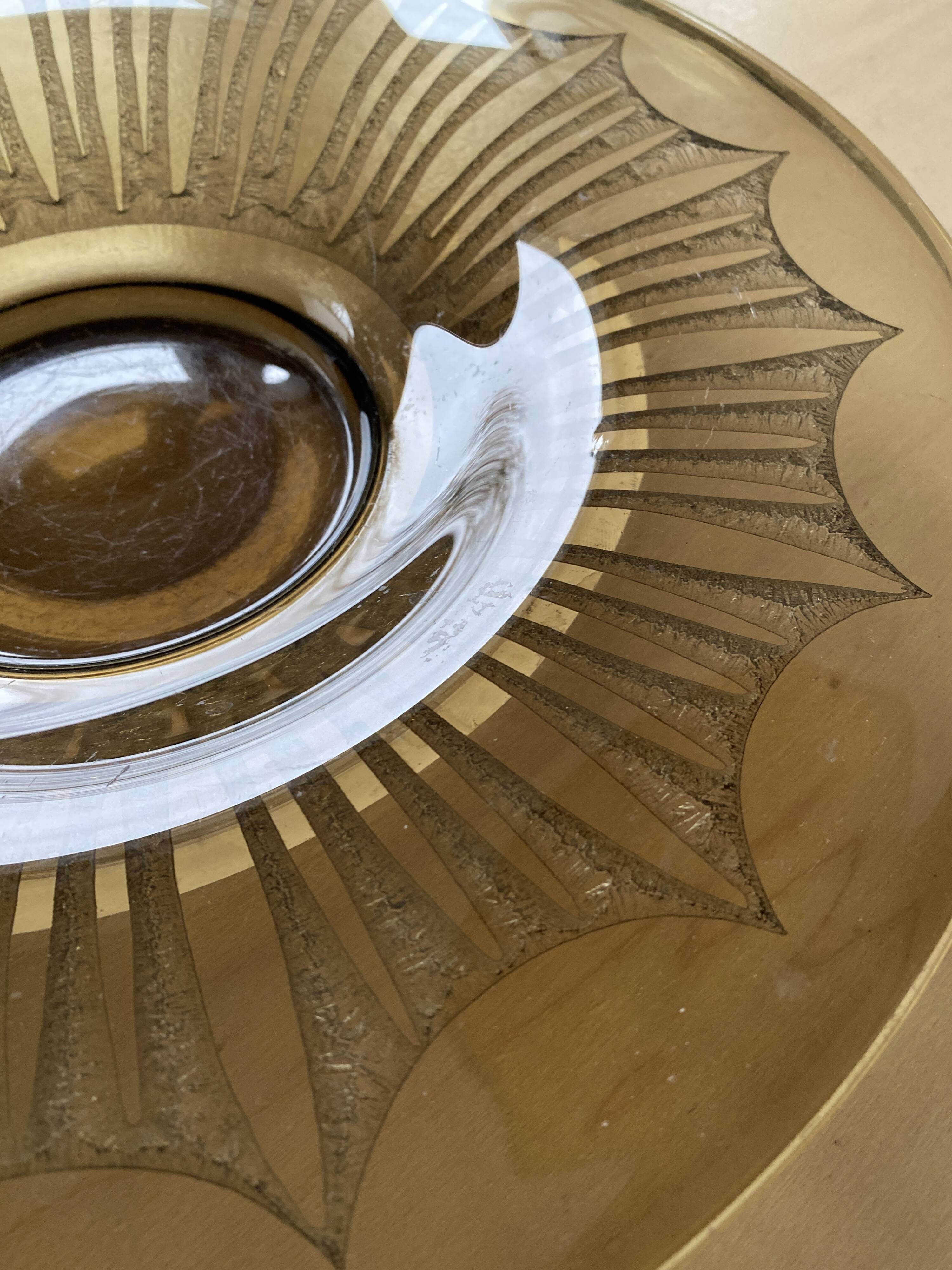 Old Verrex smoked glass fruit bowl, with a radius decoration cut into the glass