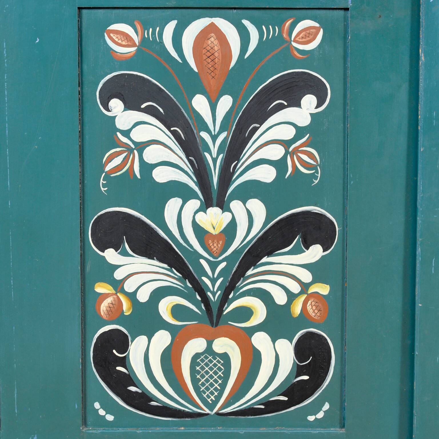 Original antique Swedish cabinet with blue-green folk style painting, dated 1906
