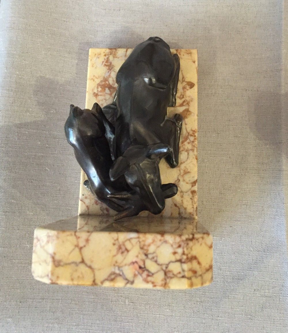 Pair of marble bookends and ruler representing a deer with his mother and a deer
