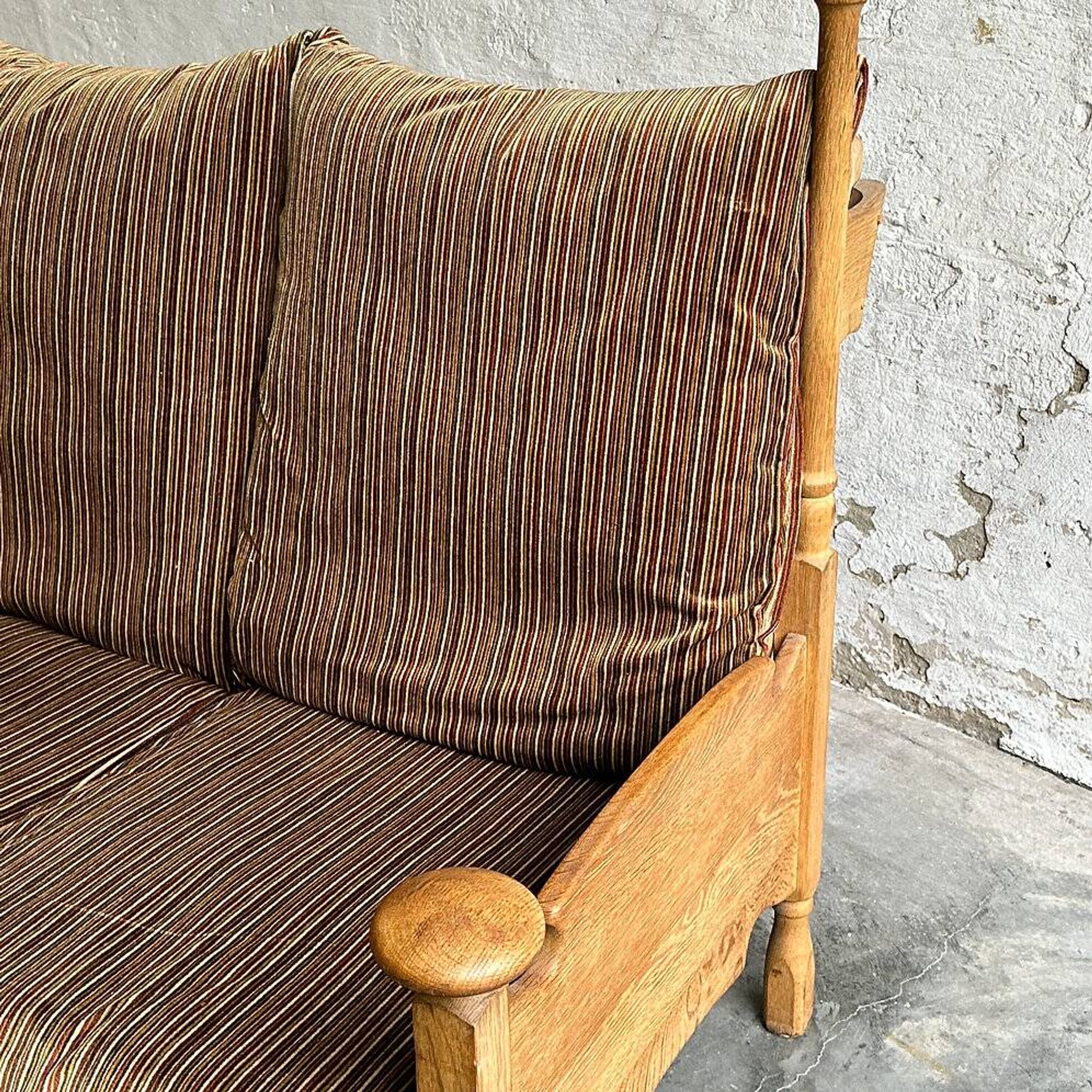1950s brutalist oak and velvet throne-like sofa