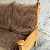 1950s brutalist oak and velvet throne-like sofa