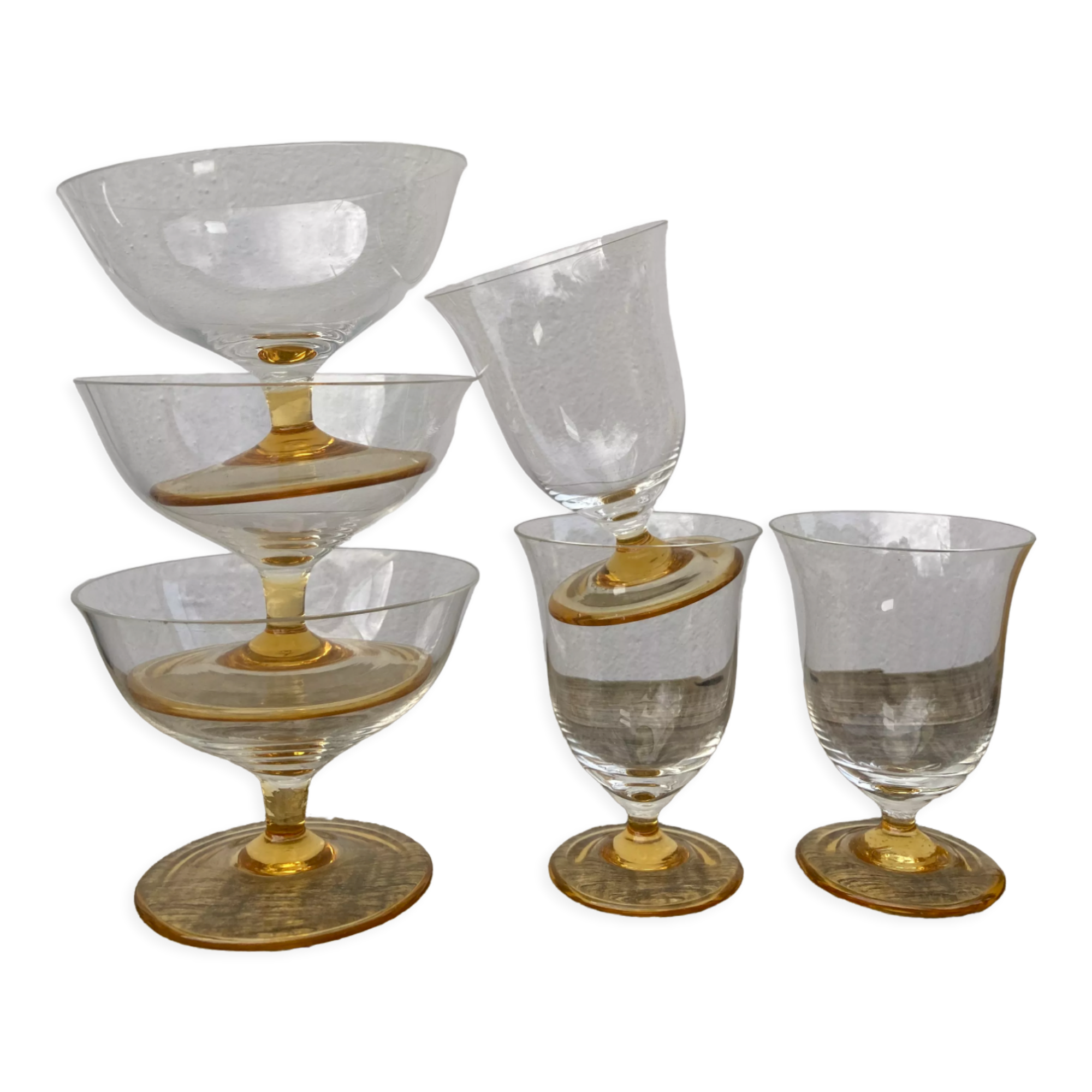 6 antique yellow crystal stemmed glasses and cups