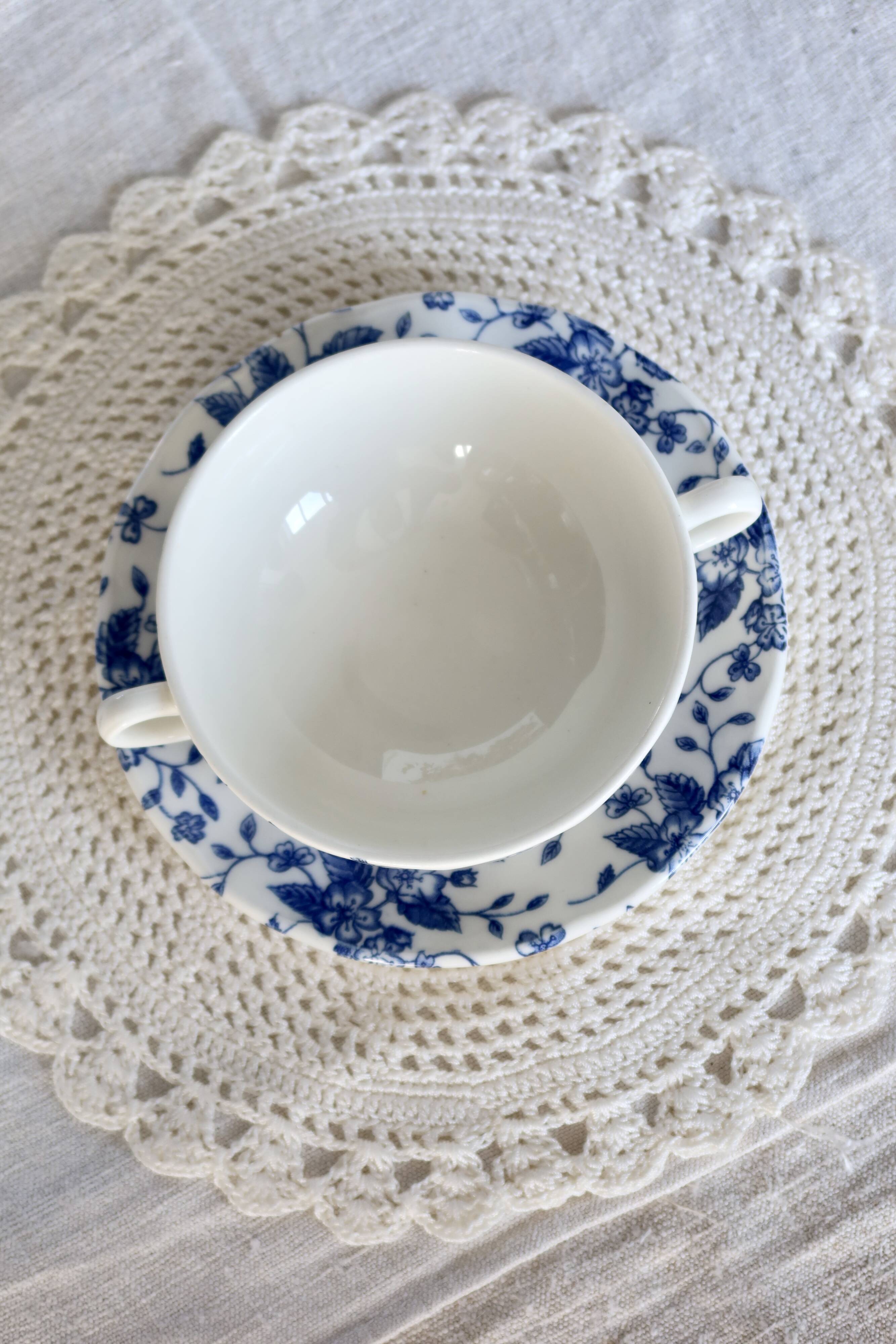 Vintage double-handled cup & saucer – Royal Tudor “Bouquet” blue