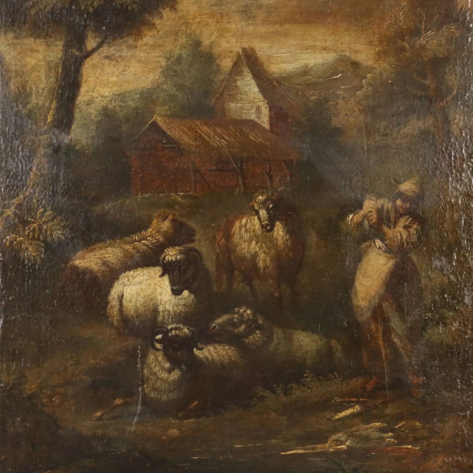 Landscape with shepherd and sheep, oil on canvas, 18th century.