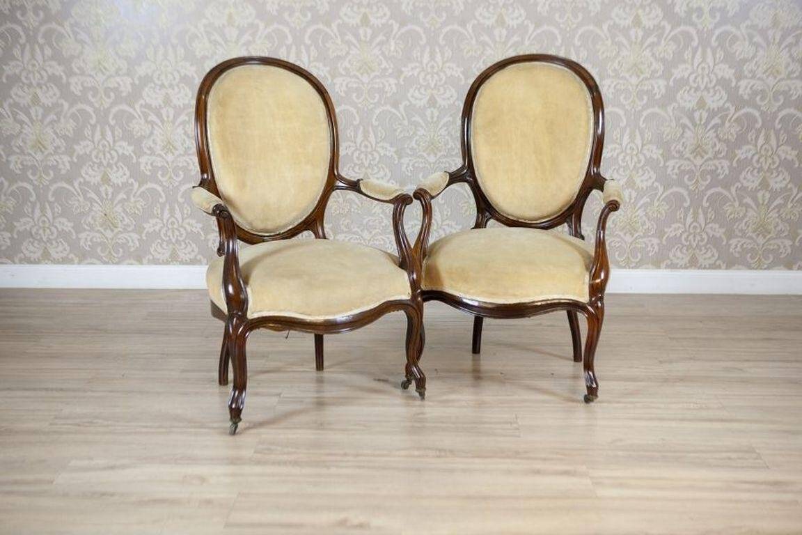 Set of Antique Walnut Chairs in Beige Upholstery, 1890s