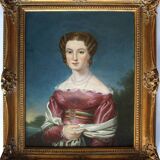 Élégant portrait de dame du XIXe siècle – Huile sur toile, cadre doré