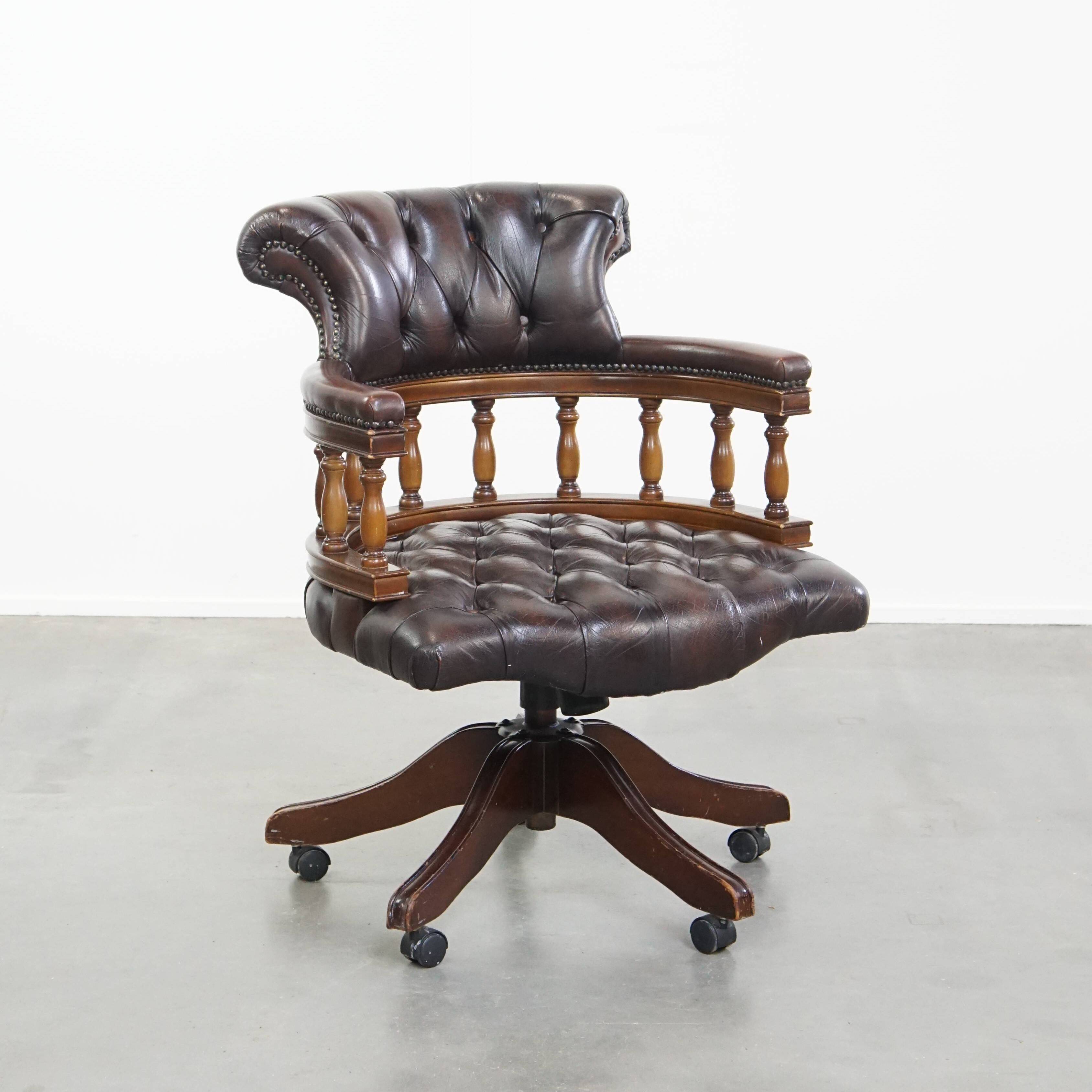 Chesterfield Office Chair on Wheels in Dark Brown Cowhide Leather